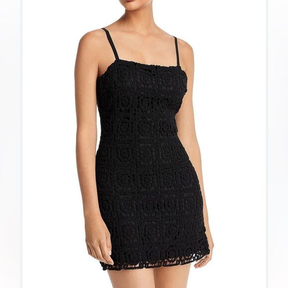 NWT Aqua Bloomingdales Black Crochet Cocktail Sleeveless Mini Tank Dress. Small. - Picture 1 of 9
